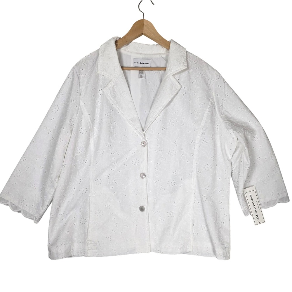 Alfred Dunner Eyelet Button Front Jacket XL White Resortwear Chic Office Boho
